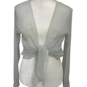 Y2K VTG Sheer Shimmer Tie Front Top Silver Sparkle 2000s Party Club Cardigan S